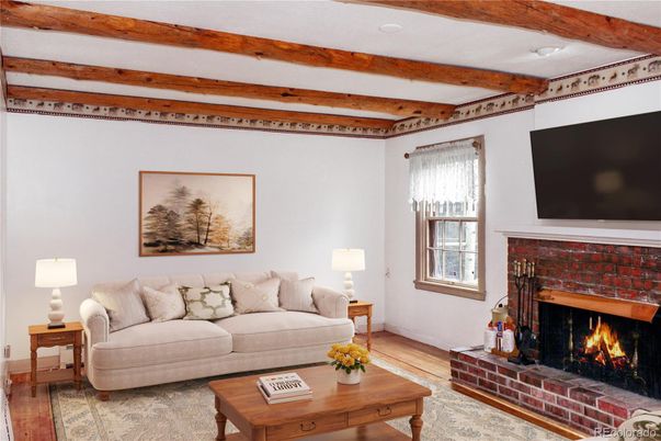 Fireplace, Interior, Living room, Recessed Lighting, Wooden Beams, Wood Texture Flooring