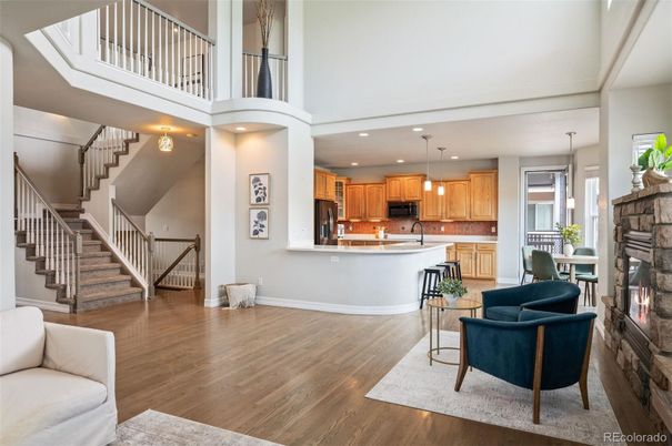 Fireplace, Interior, Kitchen, Pendant Lights, Recessed Lighting, Wood Texture Flooring