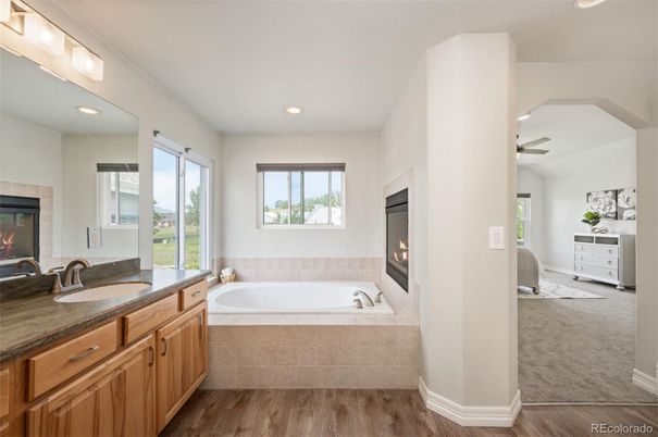 Bathroom, Fireplace, Interior, Recessed Lighting, Wood Texture Flooring