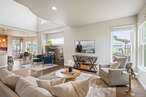 Dining room, Fireplace, Interior, Living room, Pendant Lights, Recessed Lighting, Wood Texture Flooring