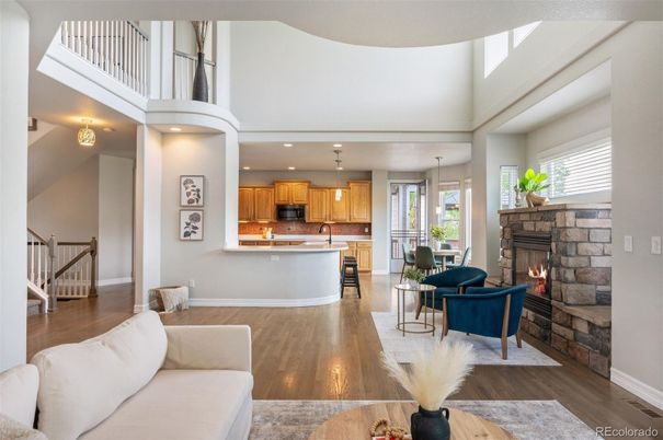 Fireplace, Interior, Kitchen, Living room, Pendant Lights, Recessed Lighting, Wood Texture Flooring