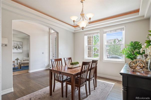 Dining room, Interior, Pendant Lights, Wood Texture Flooring