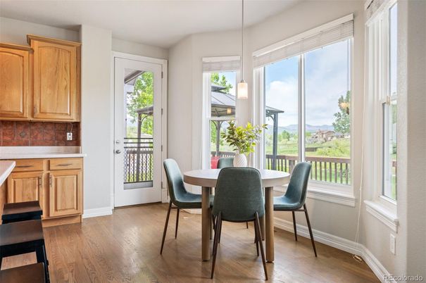 Dining room, Interior, Pendant Lights, Wood Texture Flooring
