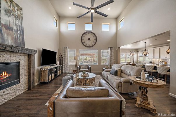 Dining room, Fireplace, Interior, Kitchen, Living room, Pendant Lights, Recessed Lighting, Wood Texture Flooring