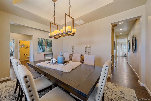 Chandelier, Dining room, Interior, Recessed Lighting, Wood Texture Flooring