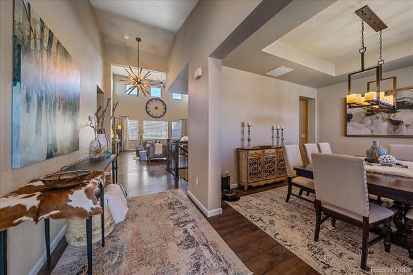 Dining room, Interior, Pendant Lights, Recessed Lighting, Wood Texture Flooring