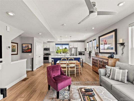 Dining room, Interior, Kitchen, Living room, Pendant Lights, Recessed Lighting, Stainless Steel Appliances, Wood Texture Flooring