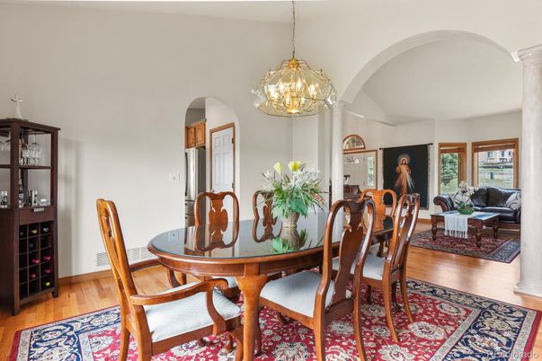 Dining room, Interior, Living room, Pendant Lights, Wood Texture Flooring