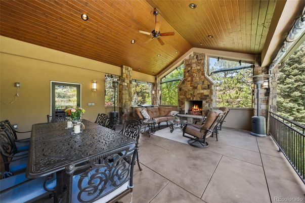 Exterior, Fireplace, Interior, Living room, Recessed Lighting, Wooden Ceilings