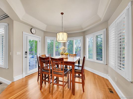 Dining room, Interior, Pendant Lights, Wood Texture Flooring