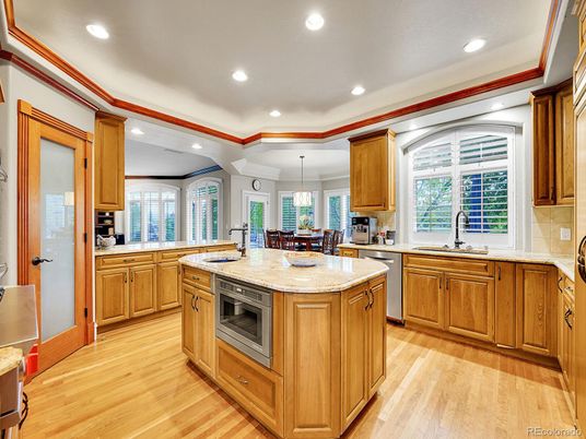 Dining room, Interior, Kitchen, Pendant Lights, Recessed Lighting, Stainless Steel Appliances, Wood Texture Flooring