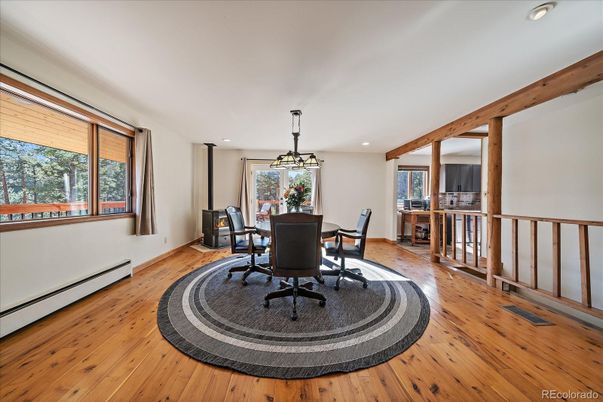 Dining room, Interior, Pendant Lights, Recessed Lighting, Wooden Beams, Wood Texture Flooring