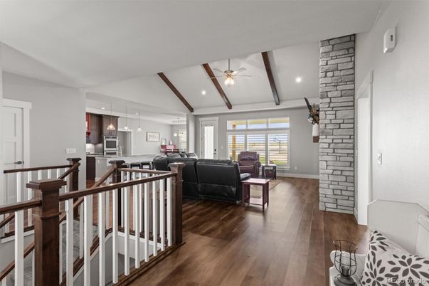 Interior, Kitchen, Living room, Pendant Lights, Recessed Lighting, Stone Walls, Wooden Beams, Wood Texture Flooring