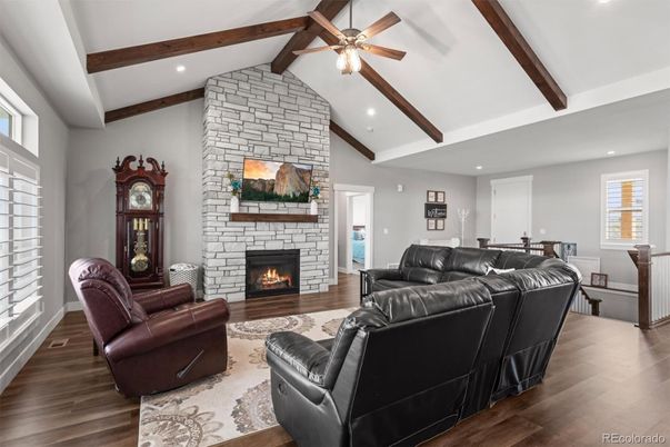 Fireplace, Interior, Living room, Recessed Lighting, Stone Walls, Wooden Beams, Wood Texture Flooring