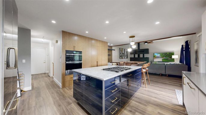 Dining room, Interior, Kitchen, Pendant Lights, Recessed Lighting, Wood Texture Flooring