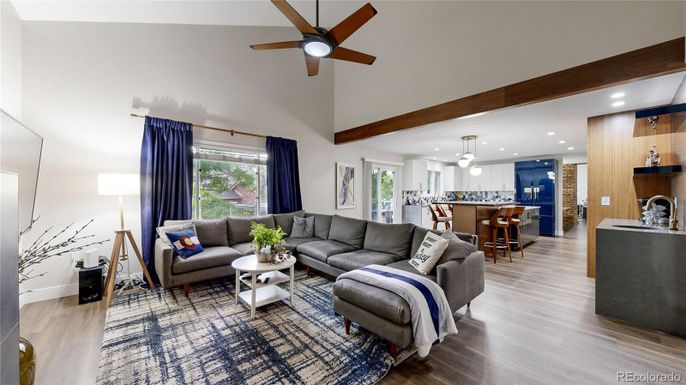 Interior, Kitchen, Living room, Pendant Lights, Recessed Lighting, Stainless Steel Appliances, Wooden Beams, Wood Texture Flooring