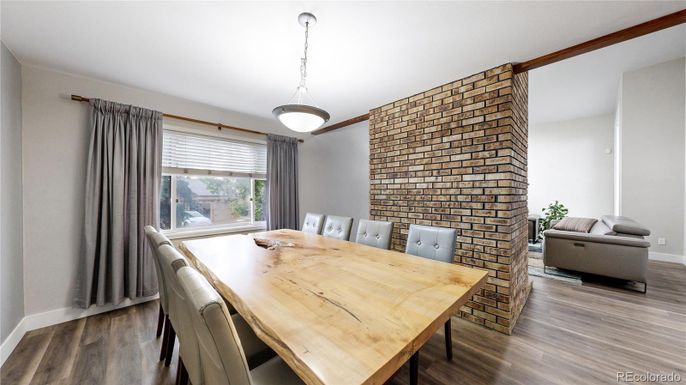 Dining room, Interior, Pendant Lights, Stone Walls, Wood Texture Flooring