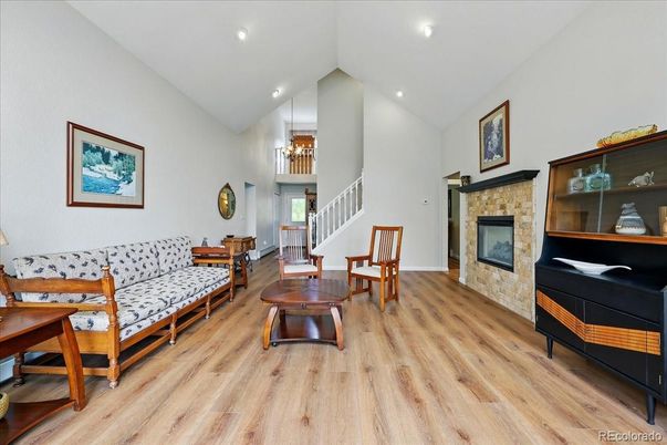 Fireplace, Interior, Pendant Lights, Recessed Lighting, Wood Texture Flooring