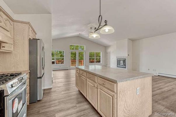 Interior, Kitchen, Pendant Lights, Wood Texture Flooring