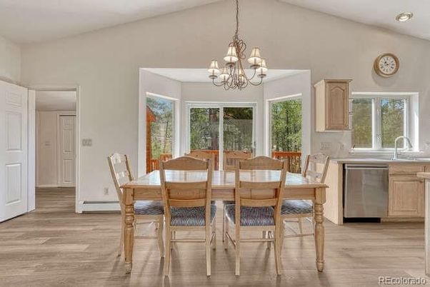 Chandelier, Dining room, Interior, Kitchen, Recessed Lighting, Wood Texture Flooring