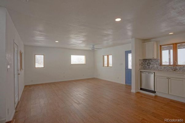 Empty room, Interior, Kitchen, Recessed Lighting, Wood Texture Flooring