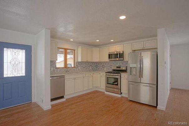 Interior, Kitchen, Recessed Lighting, Stainless Steel Appliances, Wood Texture Flooring