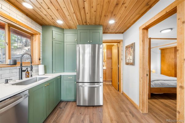 Interior, Kitchen, Recessed Lighting, Stainless Steel Appliances, Wooden Ceilings, Wood Texture Flooring