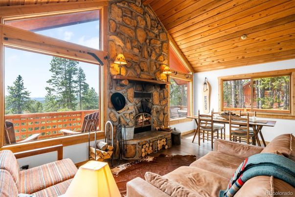 Dining room, Fireplace, Interior, Living room, Stone Walls, Wooden Ceilings