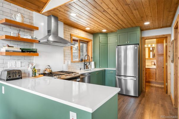 Interior, Kitchen, Recessed Lighting, Stainless Steel Appliances, Wooden Ceilings, Wood Texture Flooring