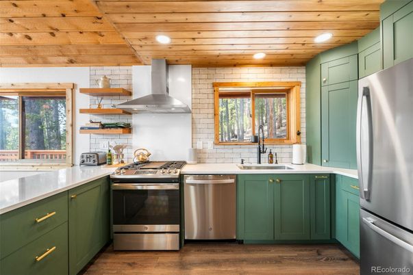 Interior, Kitchen, Recessed Lighting, Stainless Steel Appliances, Wooden Ceilings, Wood Texture Flooring