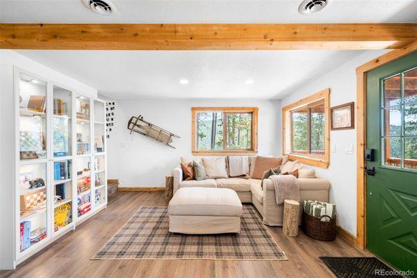 Interior, Living room, Recessed Lighting, Wooden Beams, Wood Texture Flooring