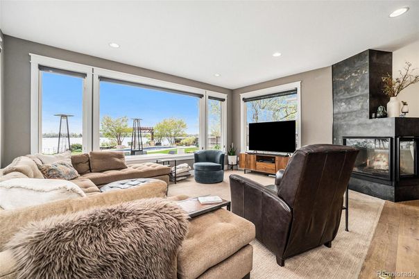 Fireplace, Interior, Living room, Recessed Lighting, Wood Texture Flooring