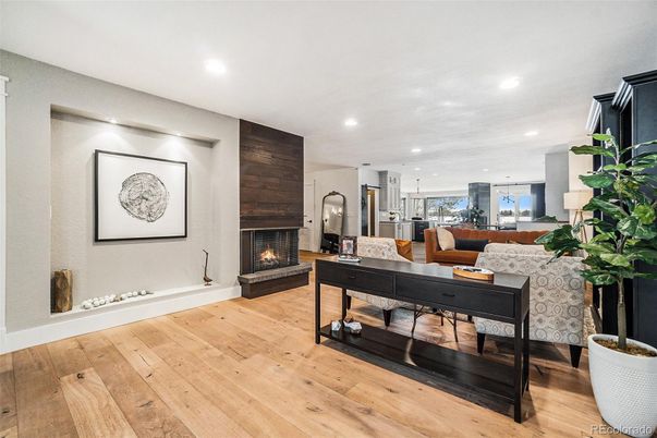 Fireplace, Home Office, Interior, Living room, Pendant Lights, Recessed Lighting, Wood Texture Flooring