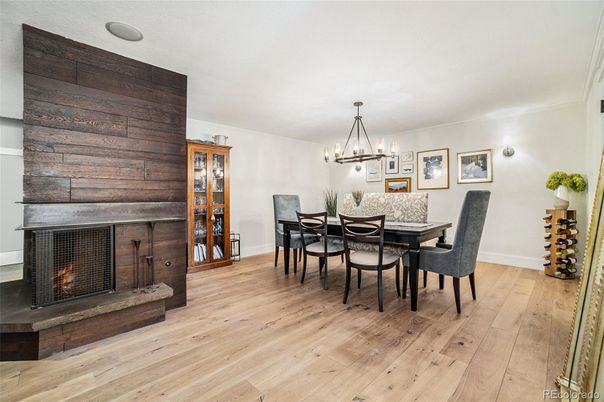 Dining room, Fireplace, Interior, Pendant Lights, Wood Texture Flooring, Wooden Walls