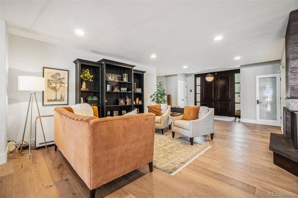 Fireplace, Interior, Living room, Recessed Lighting, Wood Texture Flooring