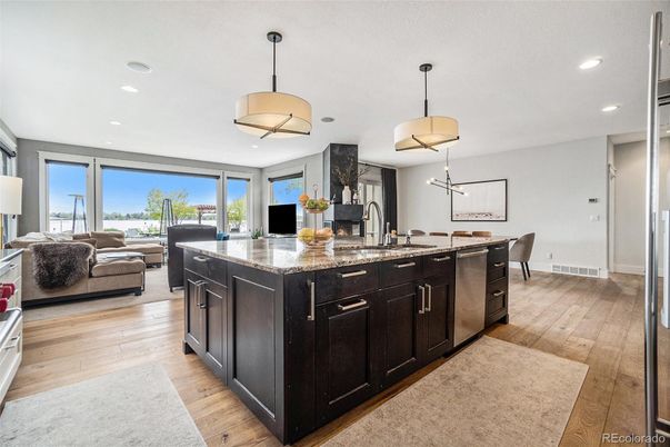 Dining room, Interior, Kitchen, Living room, Pendant Lights, Recessed Lighting, Wood Texture Flooring