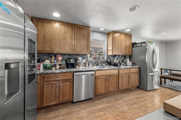 Interior, Kitchen, Recessed Lighting, Stainless Steel Appliances, Wood Texture Flooring