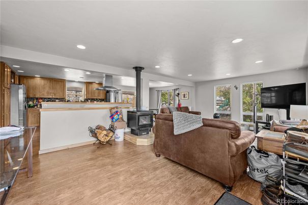 Interior, Kitchen, Living room, Recessed Lighting, Stainless Steel Appliances, Wood Texture Flooring