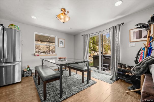 Dining room, Interior, Recessed Lighting, Wood Texture Flooring