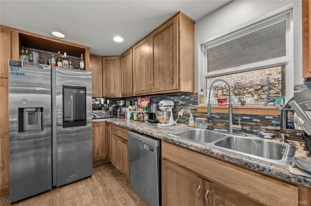 Interior, Kitchen, Recessed Lighting, Stone Walls, Wood Texture Flooring