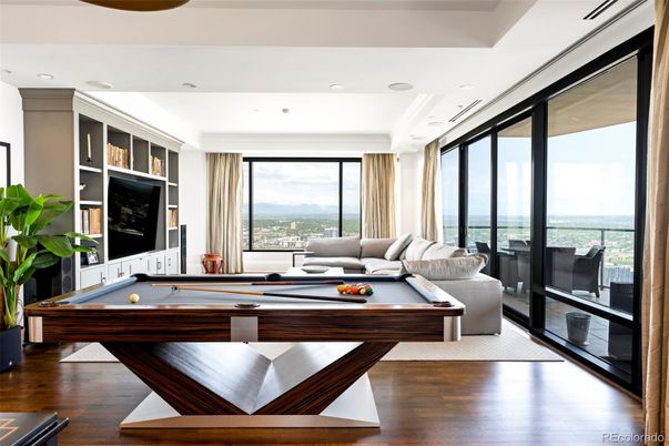 Billiard Table, Game Room, Interior, Living room, Recessed Lighting, Water, Wood Texture Flooring