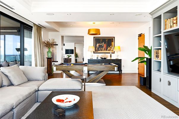 Billiard Table, Game Room, Interior, Living room, Recessed Lighting, Water, Wood Texture Flooring