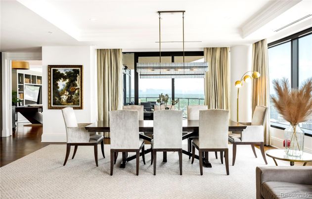 Dining room, Interior, Pendant Lights, Recessed Lighting, Water, Wood Texture Flooring