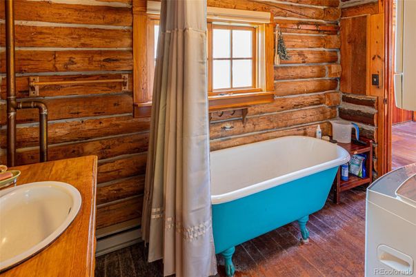 Bathroom, Free Standing Baths, Interior, Wood Texture Flooring, Wooden Walls