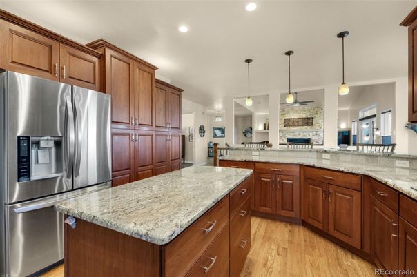 Fireplace, Interior, Kitchen, Pendant Lights, Recessed Lighting, Stainless Steel Appliances, Wood Texture Flooring