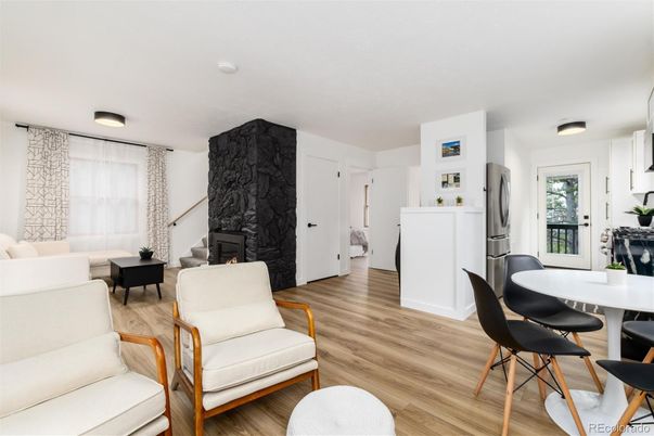 Dining room, Fireplace, Interior, Living room, Wood Texture Flooring