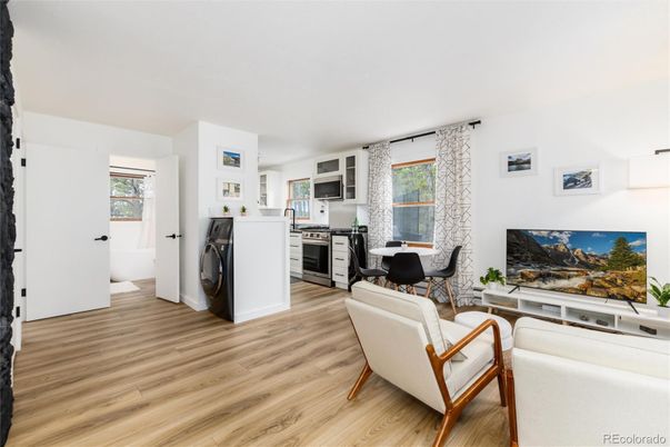 Interior, Kitchen, Living room, Stainless Steel Appliances, Wood Texture Flooring