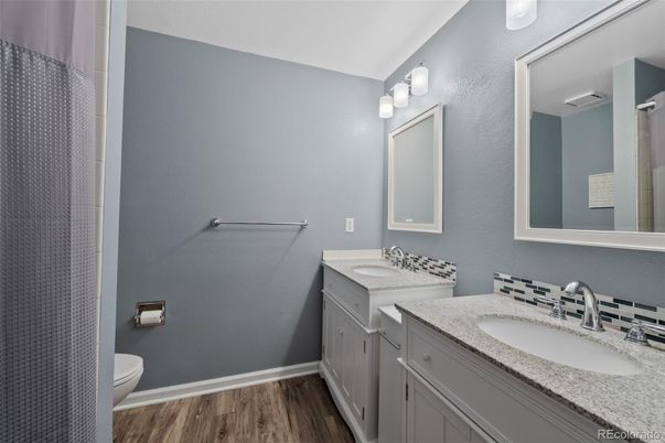 Bathroom, Dual Sink Vanities, Interior, Wood Texture Flooring