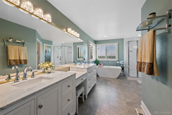Bathroom, Dual Sink Vanities, Free Standing Baths, Glass Shower, Interior, Recessed Lighting