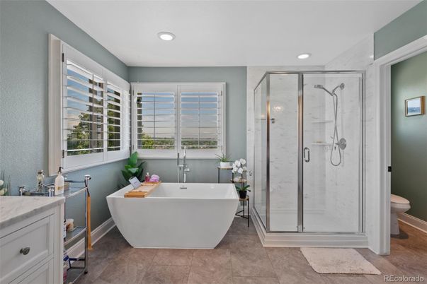 Bathroom, Free Standing Baths, Glass Shower, Interior, Marble Walls, Recessed Lighting